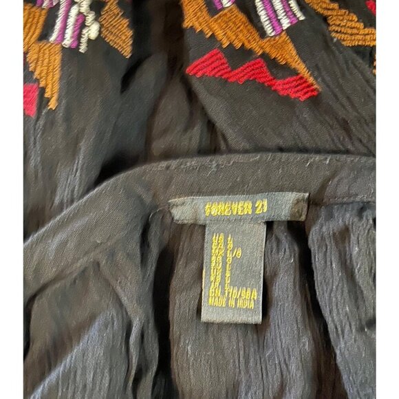 Forever 21 LARGE Black Embroidered Boho Peasant Blouse Womens Long Sleeve Top - Picture 6 of 7